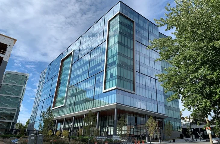 Team collaborating around a bright monitor